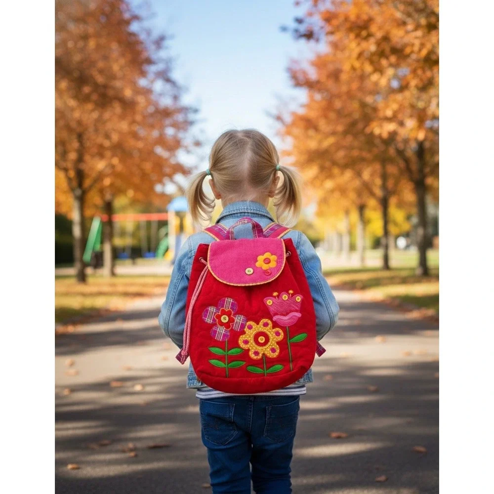 Kids Red Quilted Backpack Flowers‎ Applique Corduroy Pocket Drawstring Straps